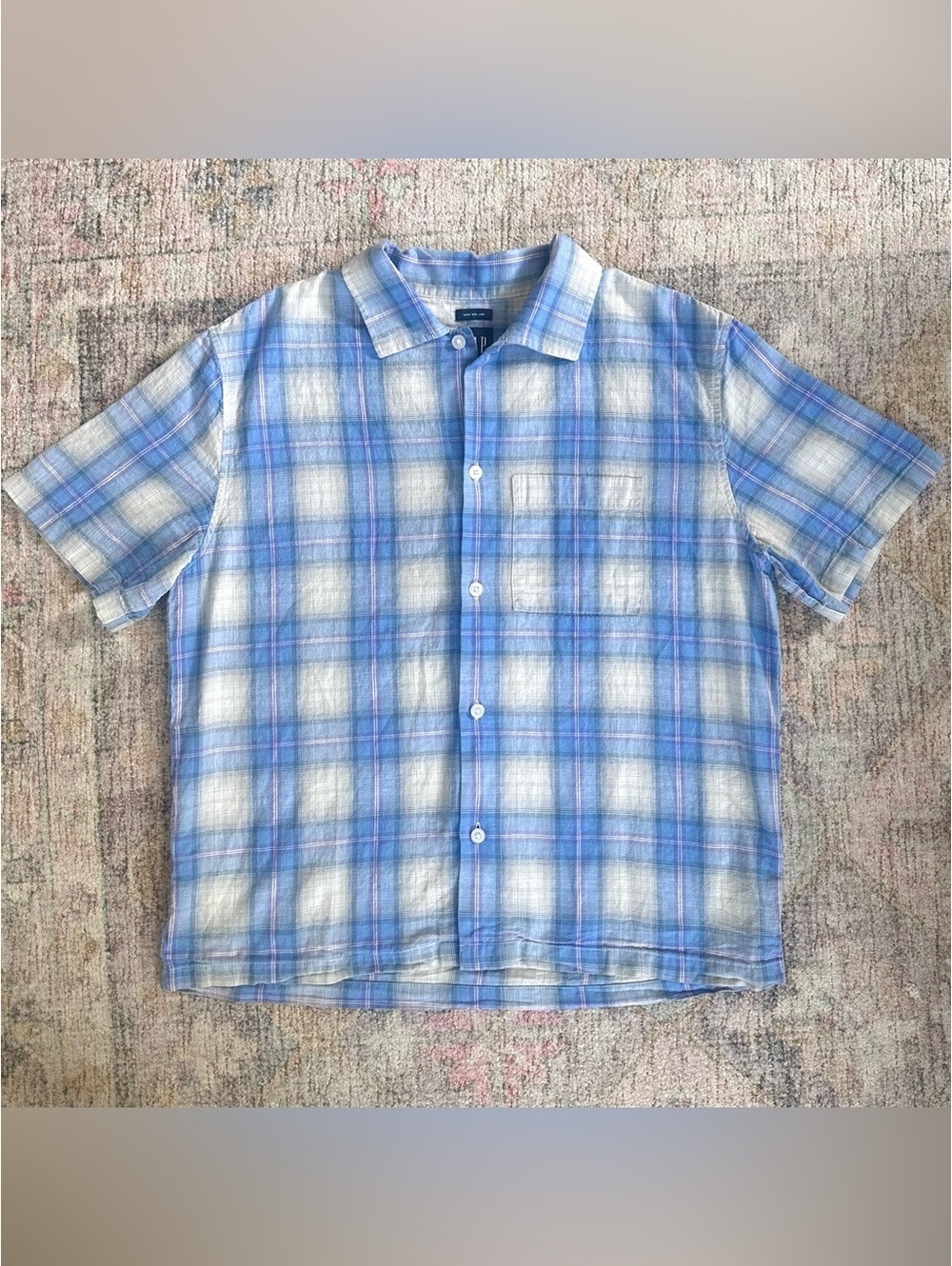 Men’s Gap Linen Cotton Blue Plaid Short-Sleeve Button-Up Shirt